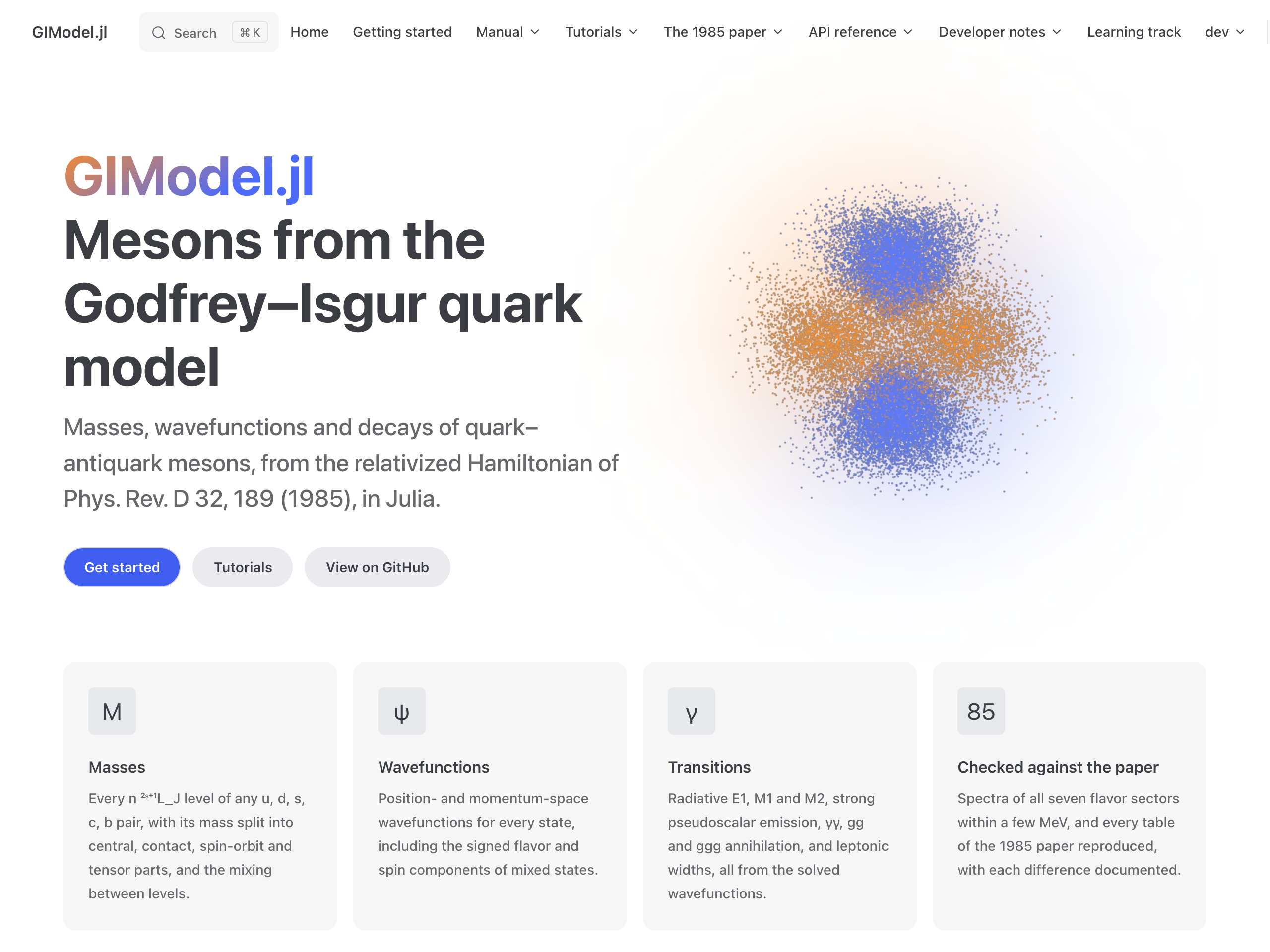 Screenshot of the GIModel.jl documentation home page, with the wavefunction cloud and model capabilities