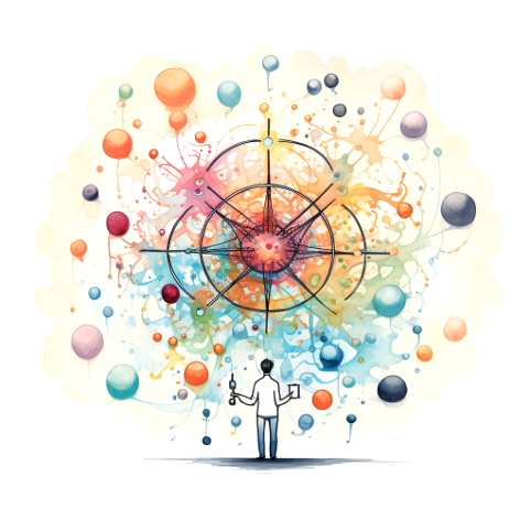 Watercolour illustration: a physicist in front of a colourful burst of particles