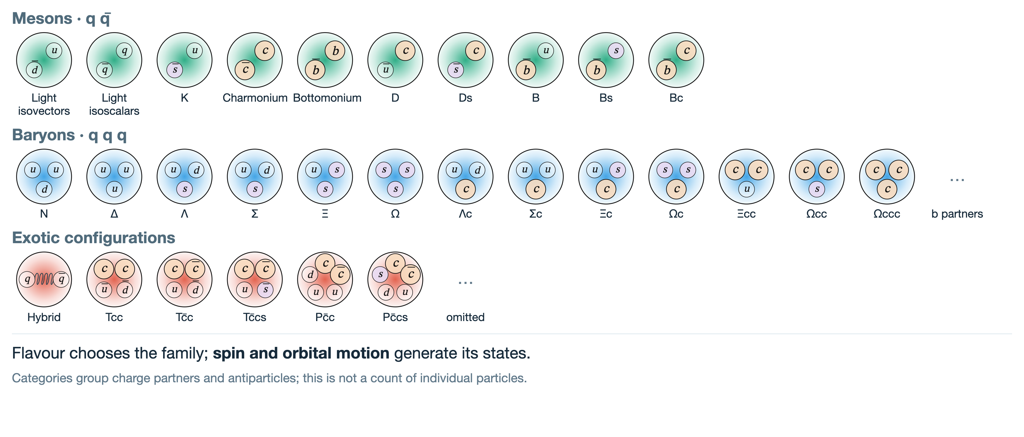 Conventional meson and baryon compositions and named families