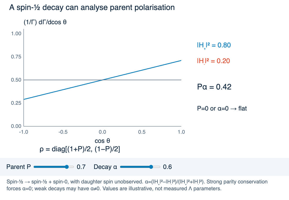 Widget: spin-1/2 decay angular distribution for parent polarisation P and analysing power α