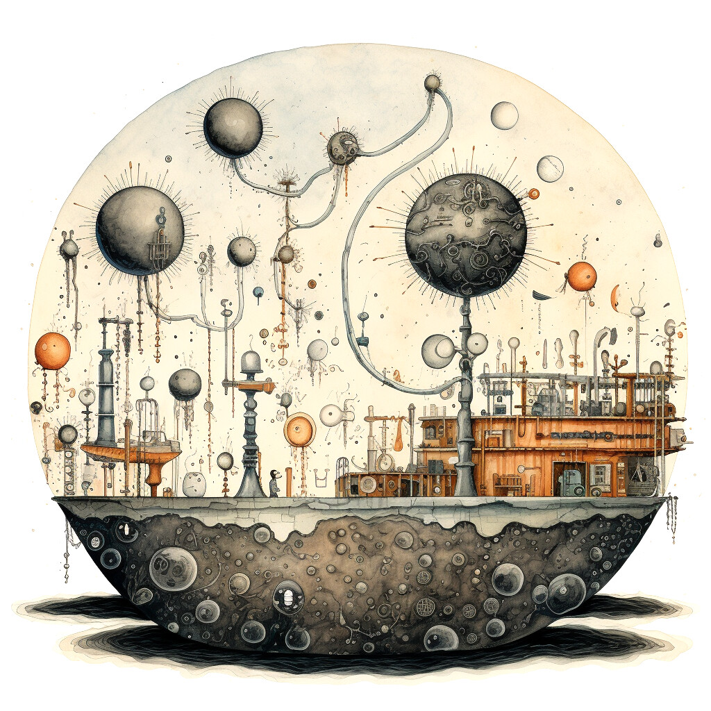 Watercolour illustration: a small world of experimental apparatus on a globe